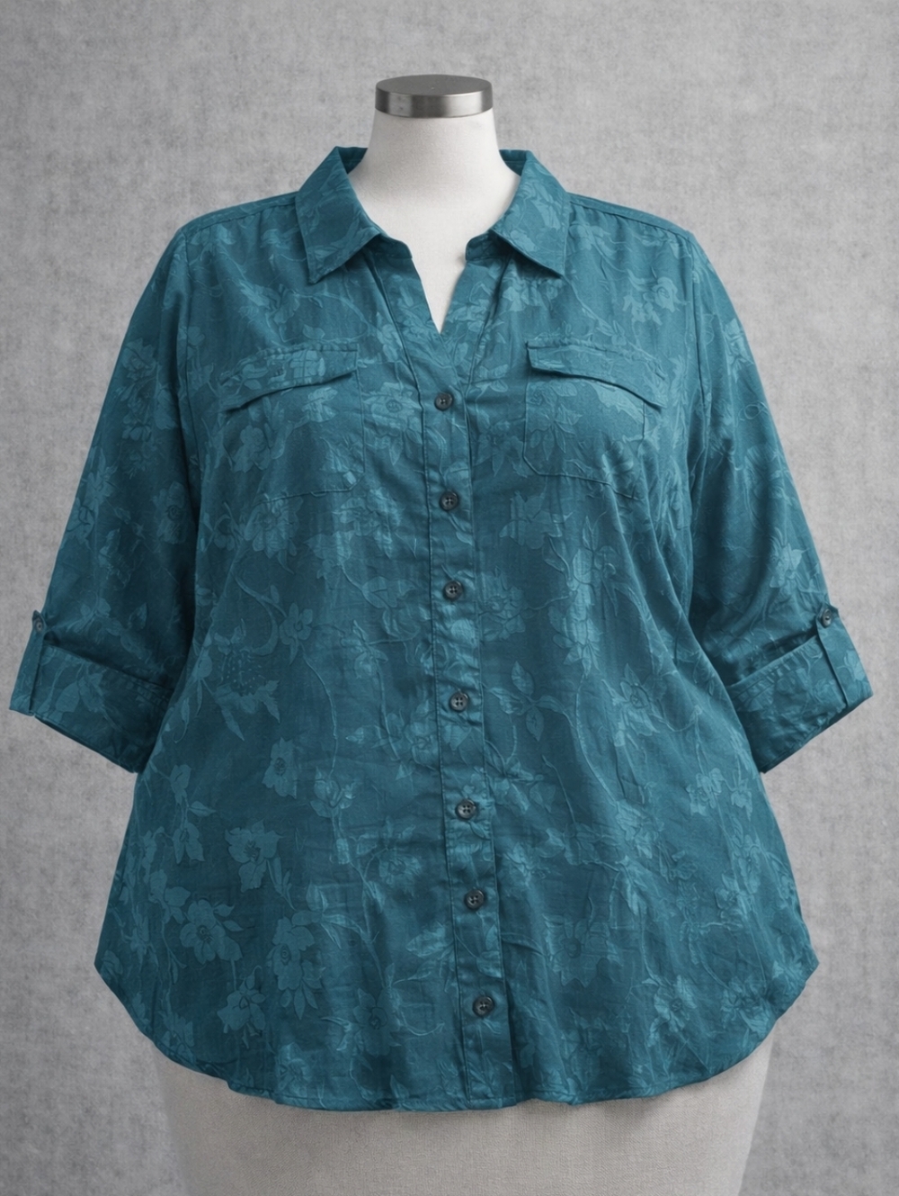 COLDWATER CREEK TEAL BURNOUT BUTTON DOWN SEMI-SHEER FLORAL